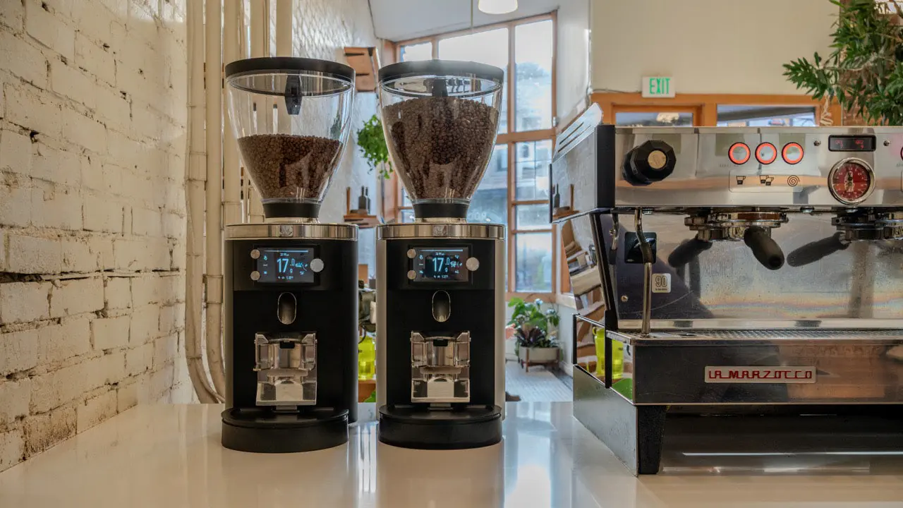 Dwa młynki Mahlkönig Grind-by-Sync przy ekspresie na barze
